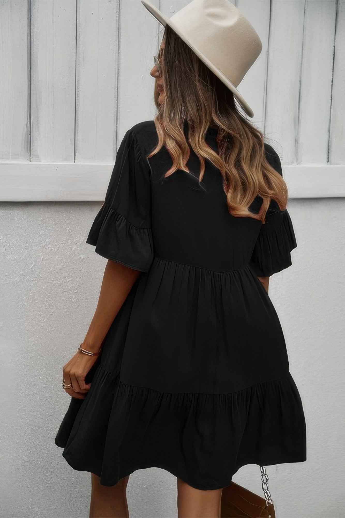 V Neck Flounce Sleeve Ruffle Hem Tie Neck Dress