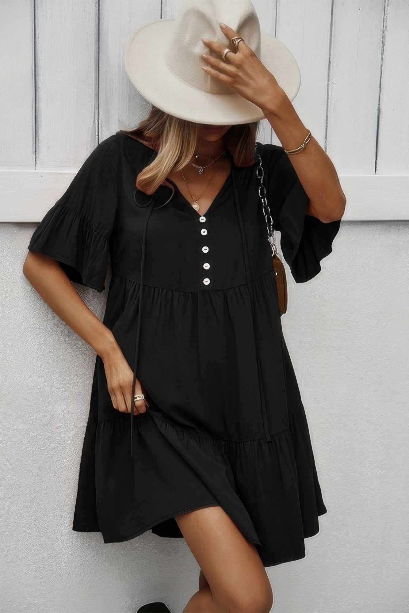 V Neck Flounce Sleeve Ruffle Hem Tie Neck Dress