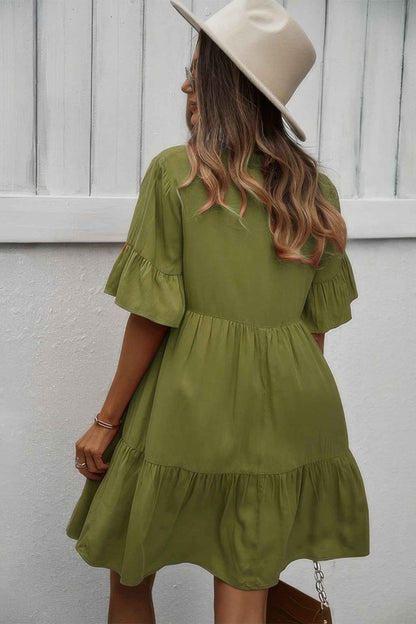 V Neck Flounce Sleeve Ruffle Hem Tie Neck Dress