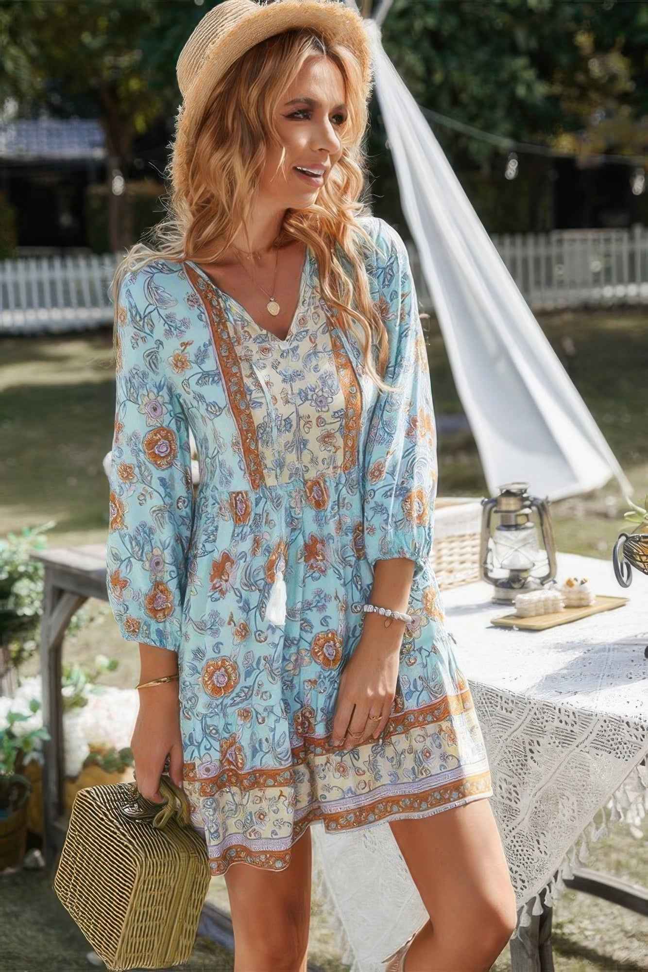 Floral Printed Button Down V Neck Long Sleeve Dress