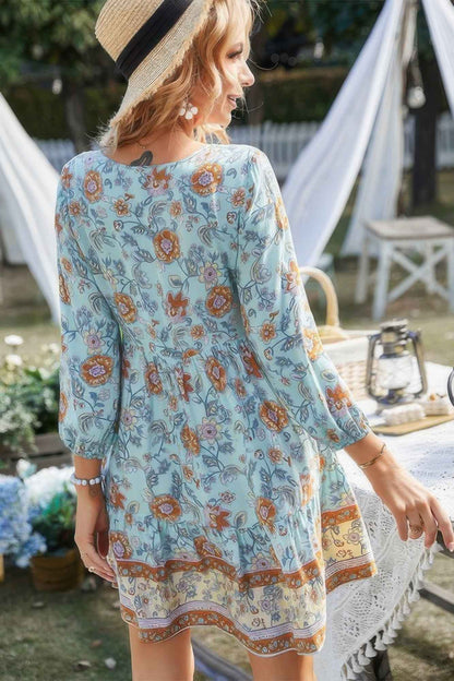 Floral Printed Button Down V Neck Long Sleeve Dress