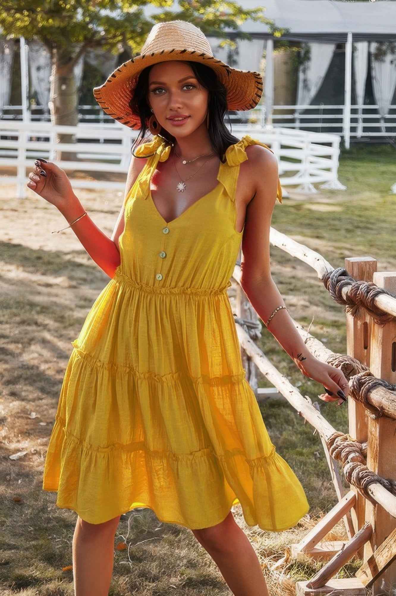 Sleeveless Button Ruffle Dress Swing Pleated Dress