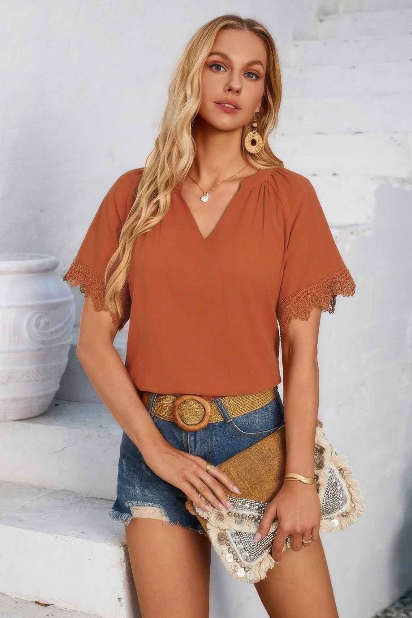 Solid V Neck Lace Hem Butterfly Sleeve Blouse