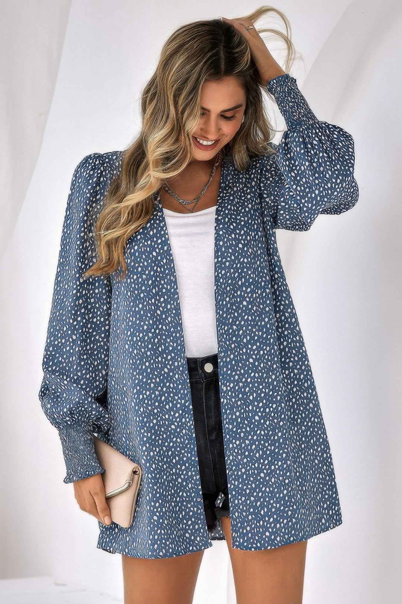 Allover Print Shirred Cuff Lantern Sleeve Kimono