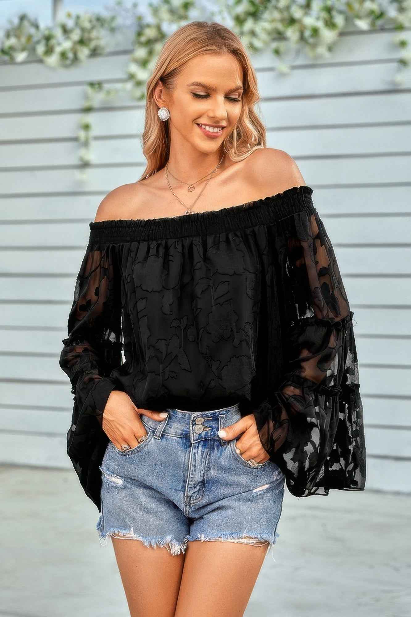 Solid Off Shoulder Flared Sleeve Flowy Blouse