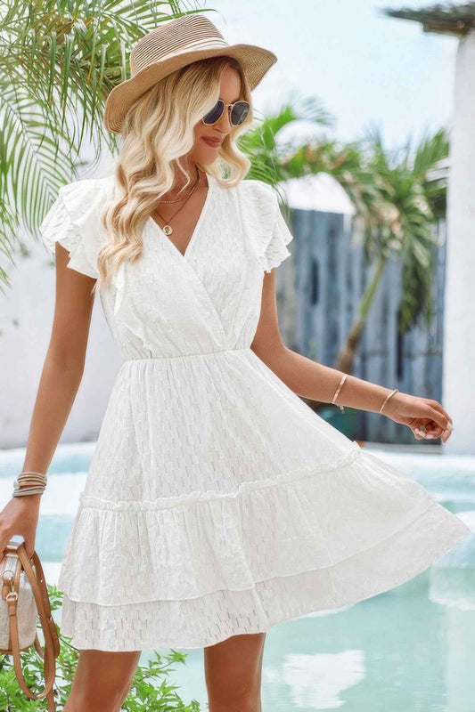 V Neck Hollow Pleated A Line Short Dress