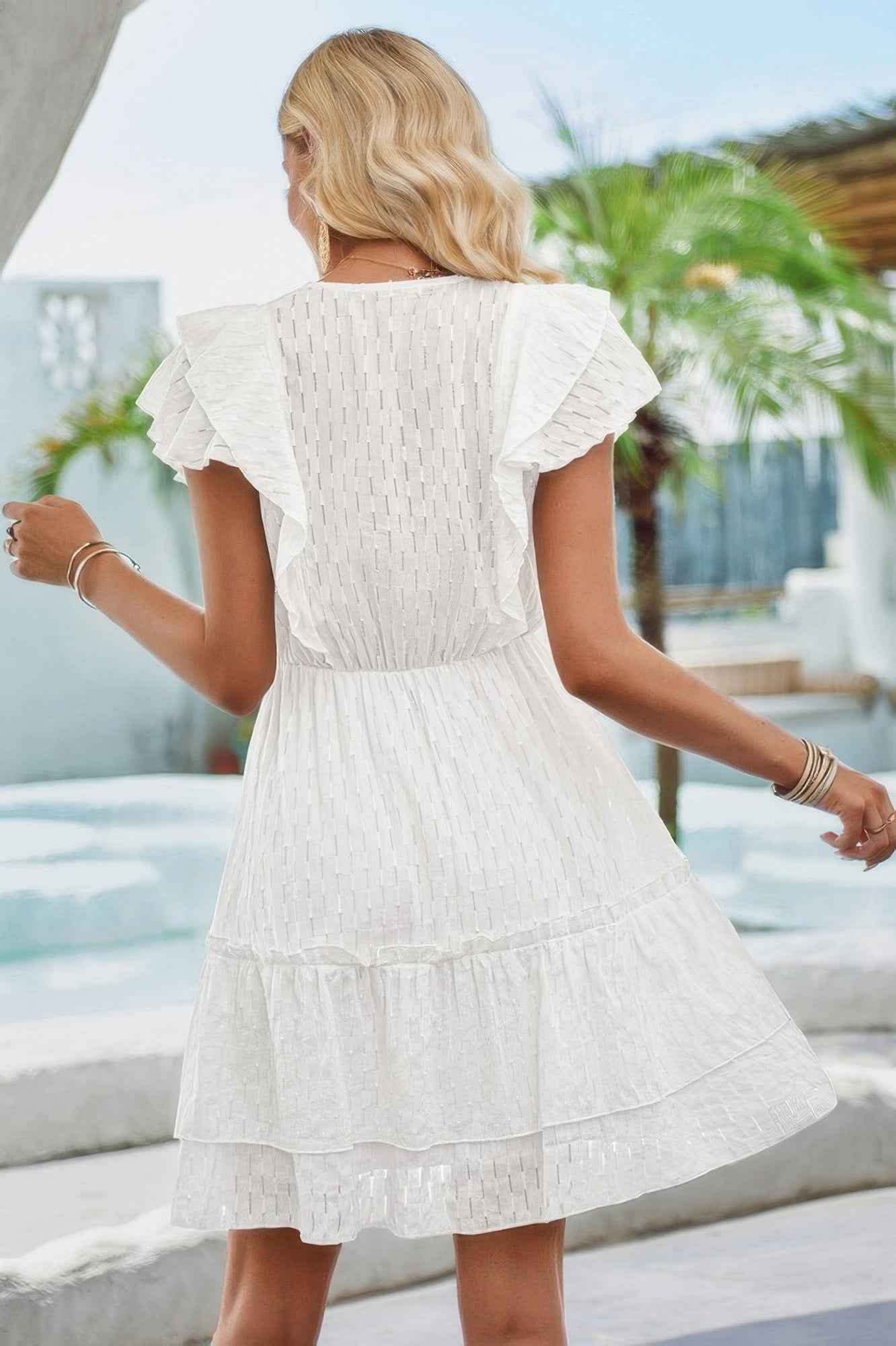 V Neck Hollow Pleated A Line Short Dress