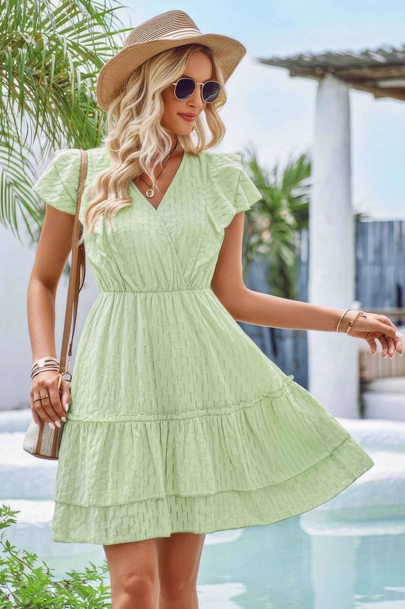 V Neck Hollow Pleated A Line Short Dress