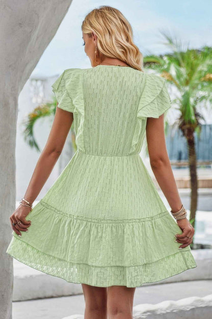 V Neck Hollow Pleated A Line Short Dress