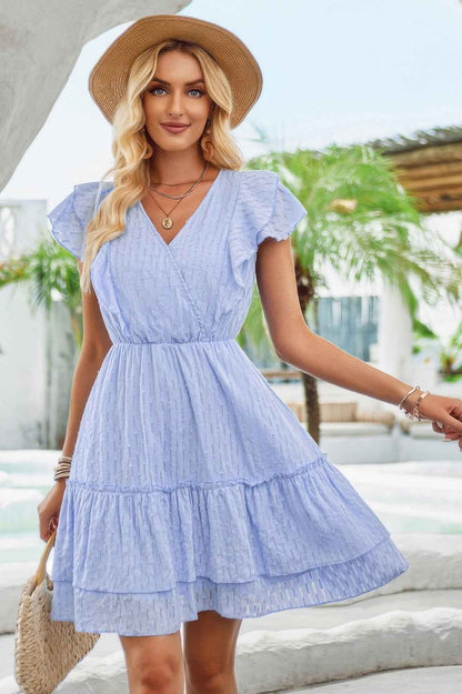 V Neck Hollow Pleated A Line Short Dress