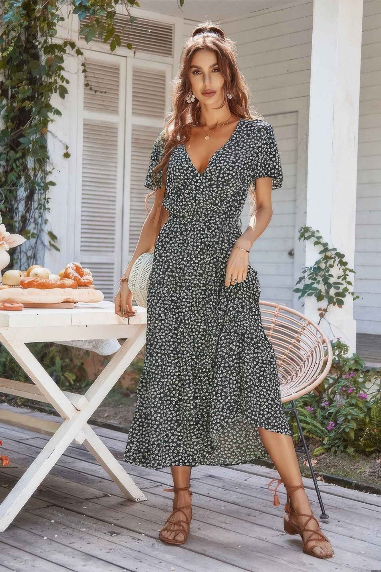 V Neck Short Sleeve Flower Print Dress