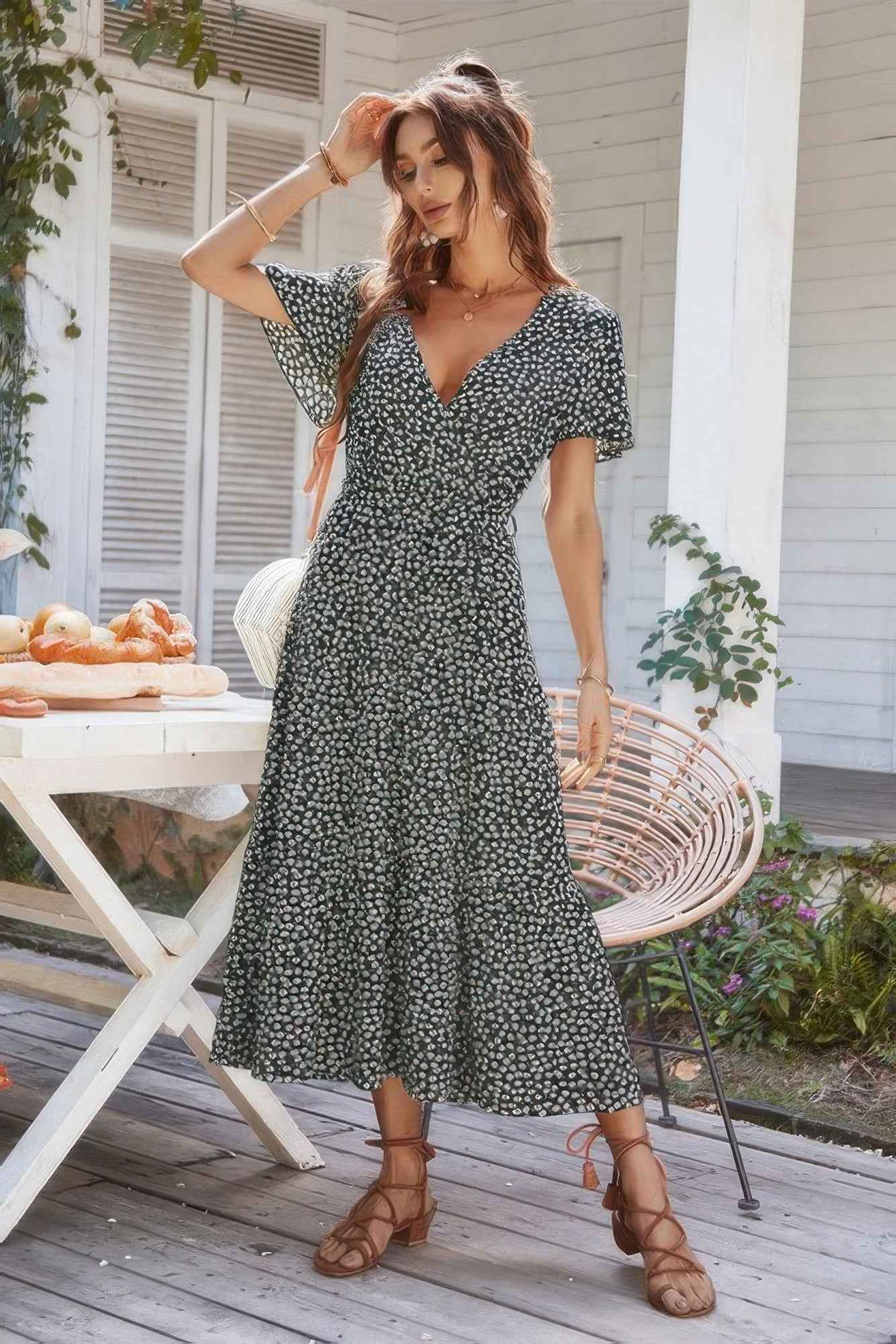 V Neck Short Sleeve Flower Print Dress