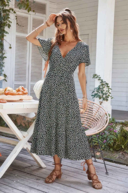 V Neck Short Sleeve Flower Print Dress