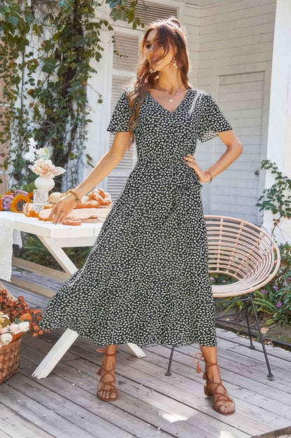 V Neck Short Sleeve Flower Print Dress