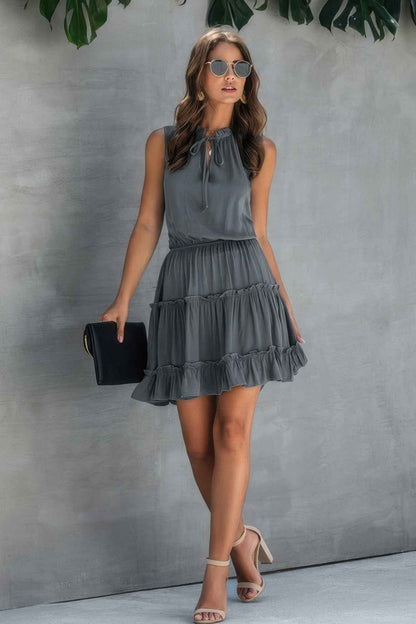 Sleeveless Tie Neck Frill Trim Tiered Layer Dress