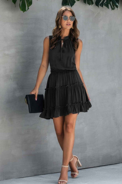 Sleeveless Tie Neck Frill Trim Tiered Layer Dress