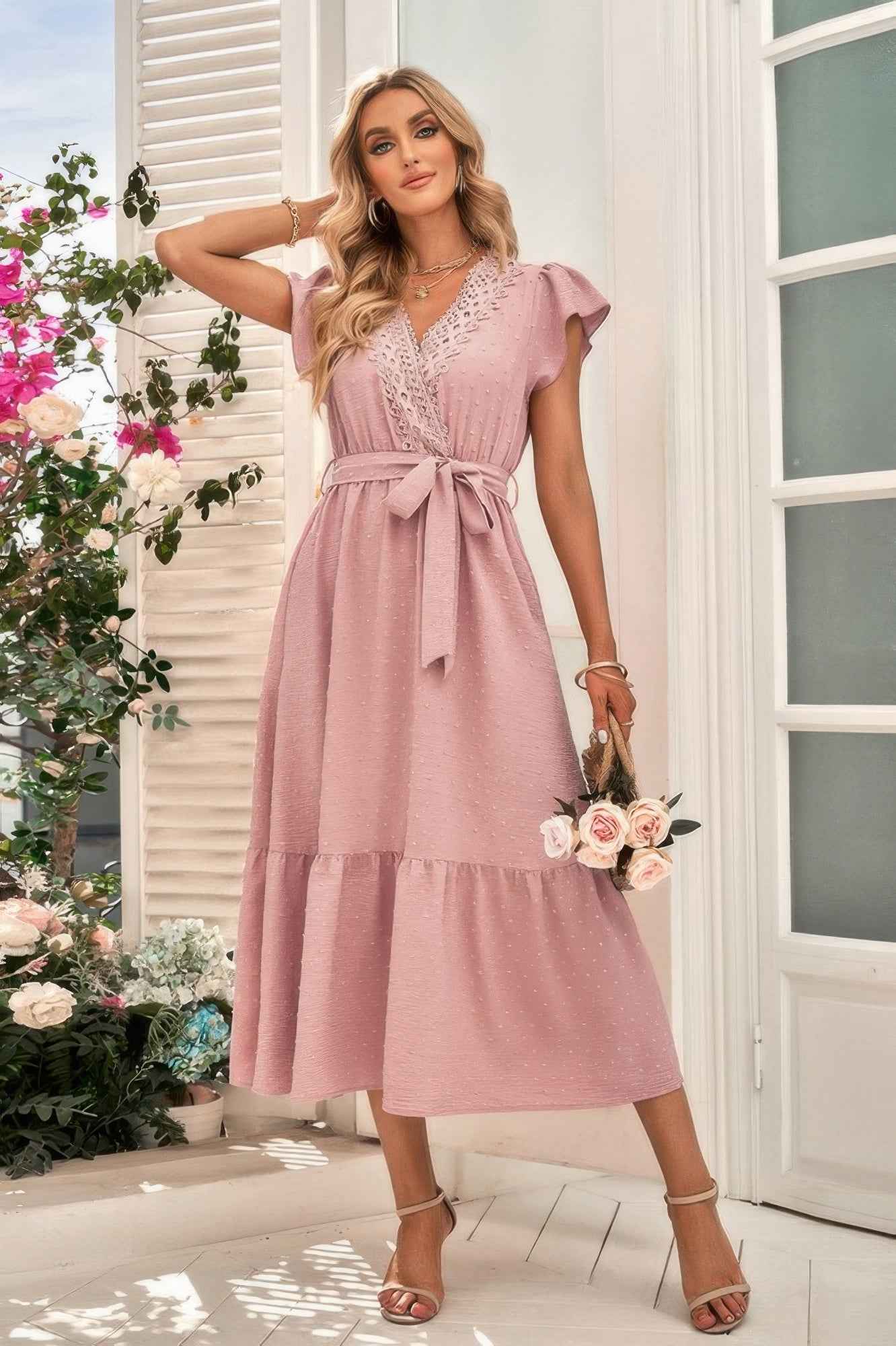 Solid Dot V Neck Lace Ruffle Belt Long Dress
