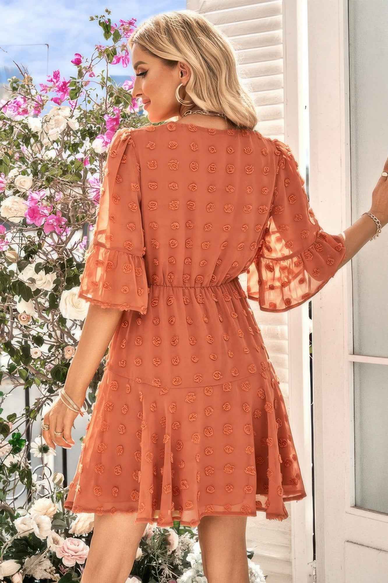 Solid Swiss Dot Flare Sleeve V Neck Dress