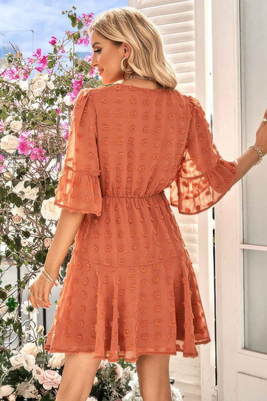 Solid Swiss Dot Flare Sleeve V Neck Dress