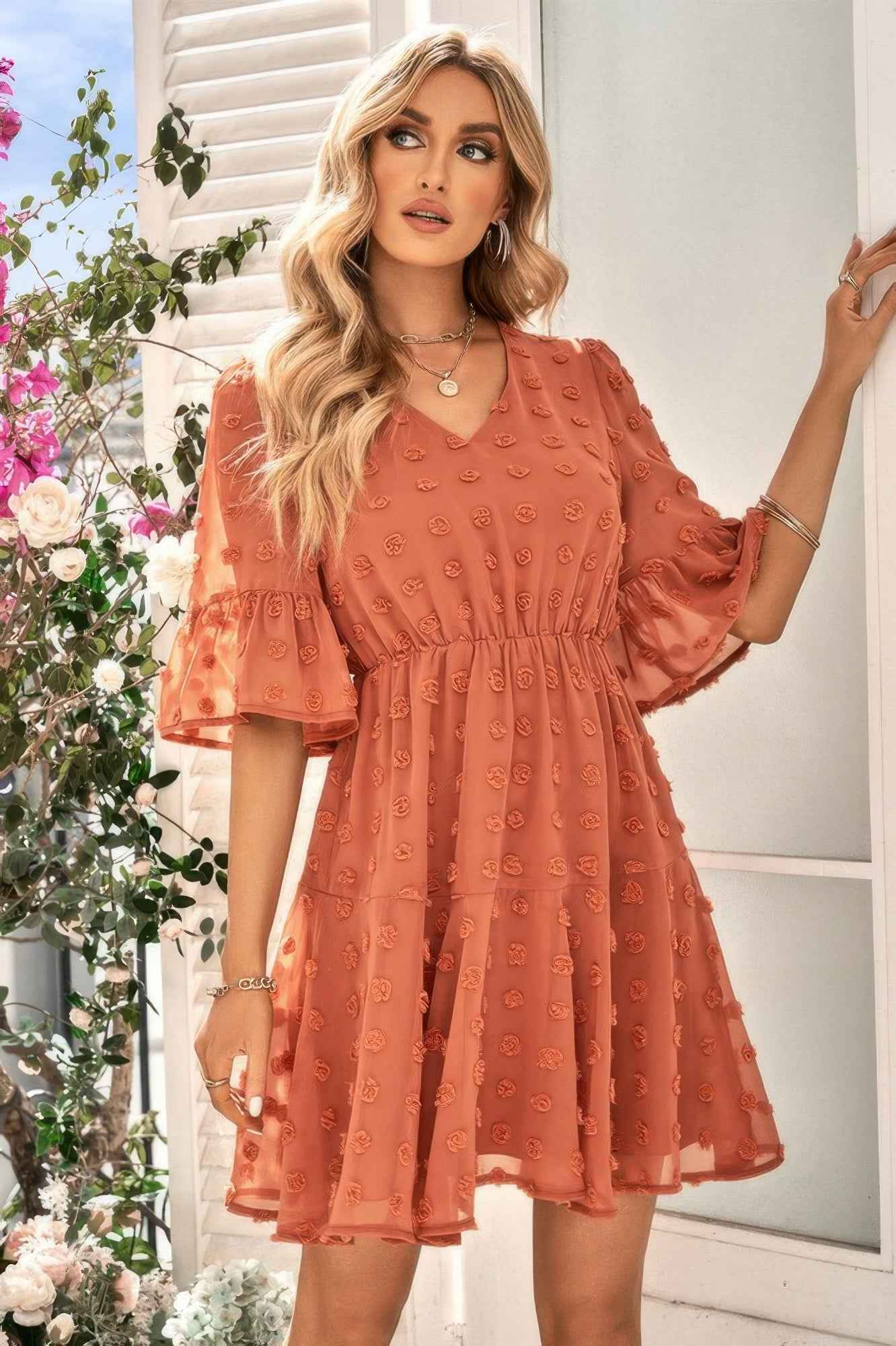Solid Swiss Dot Flare Sleeve V Neck Dress