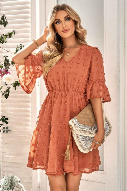 Solid Swiss Dot Flare Sleeve V Neck Dress