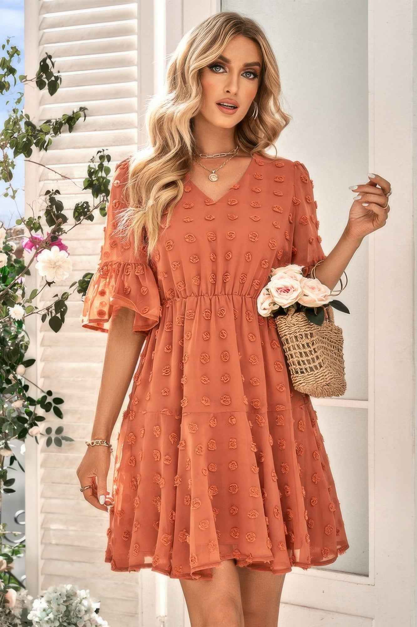 Solid Swiss Dot Flare Sleeve V Neck Dress