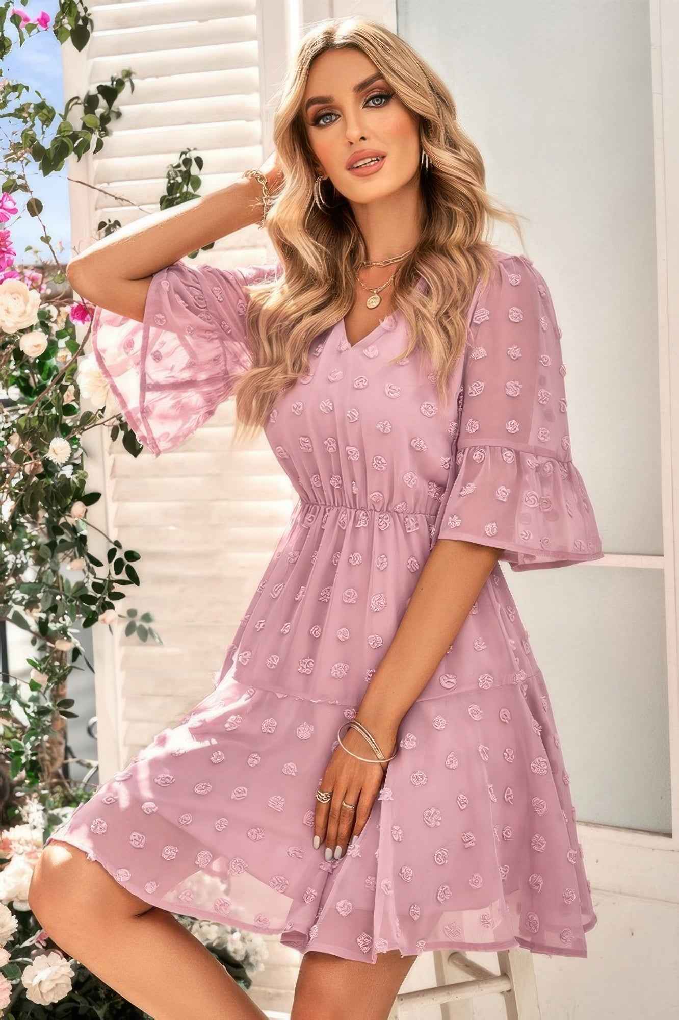 Solid Swiss Dot Flare Sleeve V Neck Dress