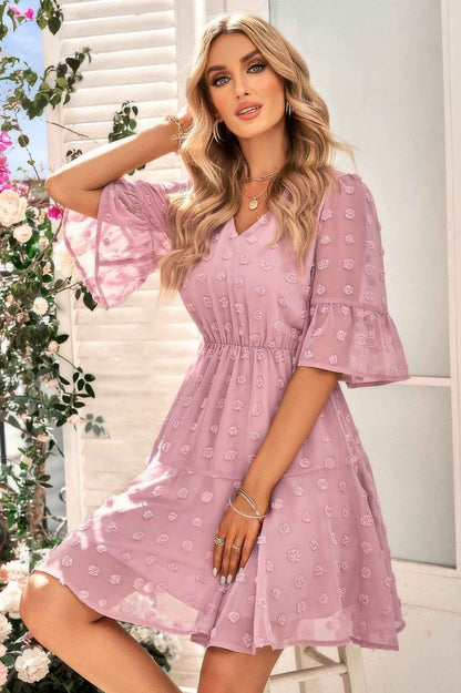 Solid Swiss Dot Flare Sleeve V Neck Dress