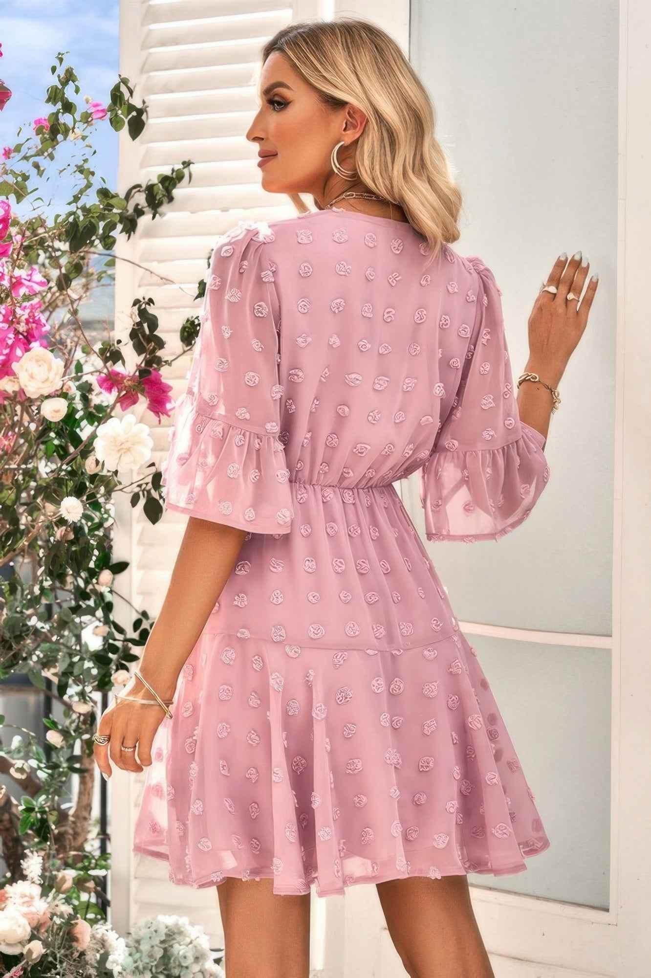 Solid Swiss Dot Flare Sleeve V Neck Dress