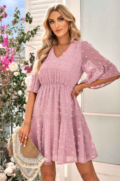 Solid Swiss Dot Flare Sleeve V Neck Dress