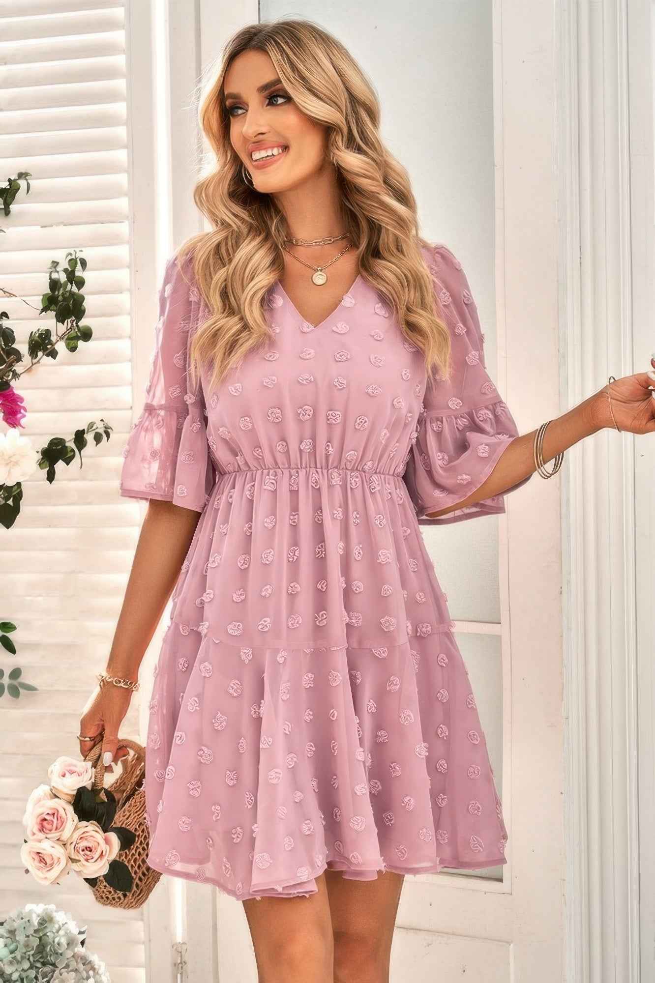 Solid Swiss Dot Flare Sleeve V Neck Dress