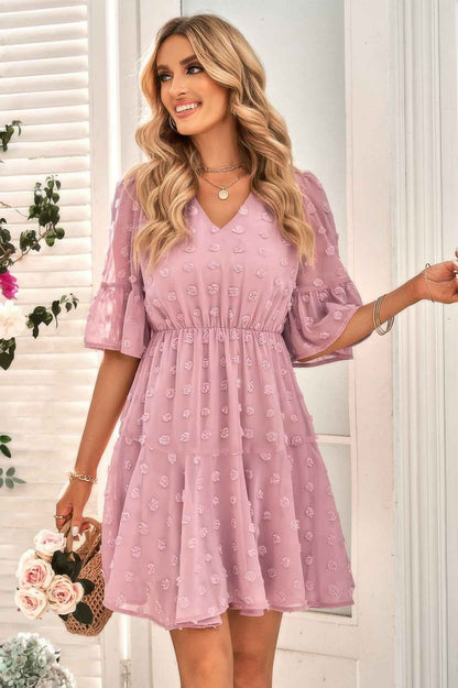 Solid Swiss Dot Flare Sleeve V Neck Dress