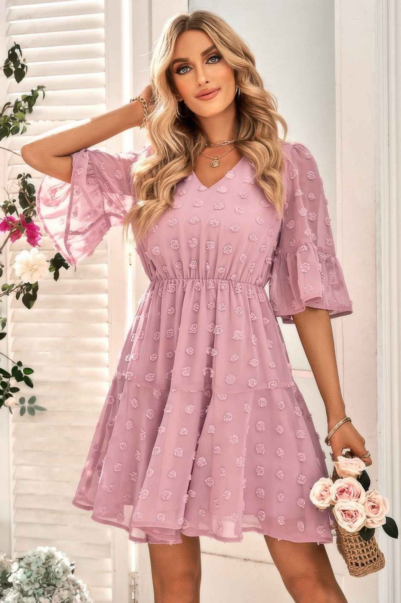 Solid Swiss Dot Flare Sleeve V Neck Dress