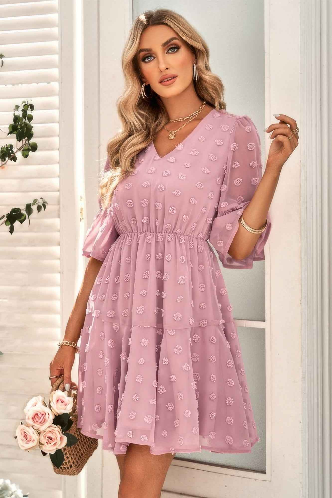 Solid Swiss Dot Flare Sleeve V Neck Dress