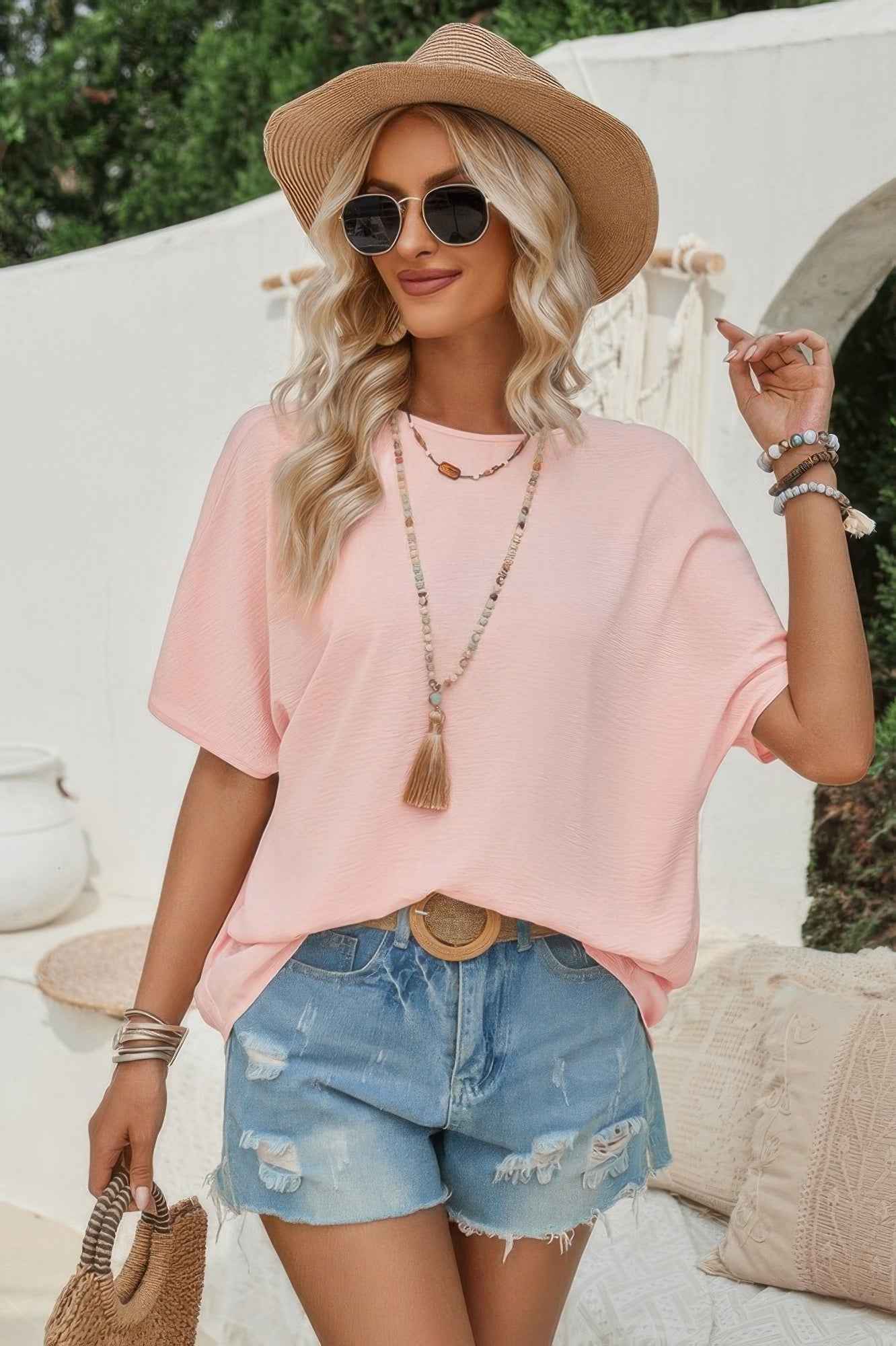 Knot Back Open Back Lace Trim Solid Loose Fit Top