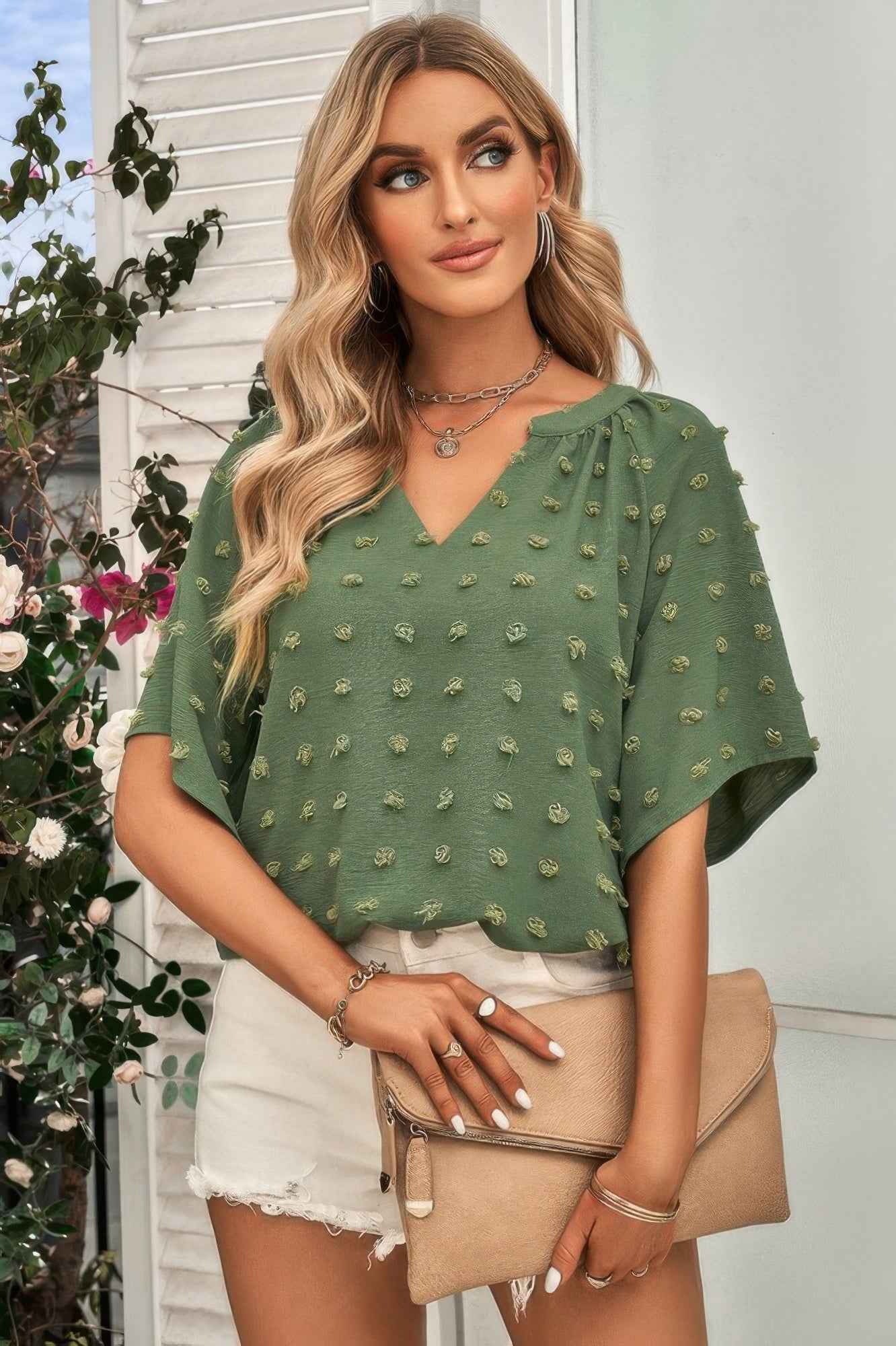 Solid Swiss Dot V Neck Puff Sleeve Blouse