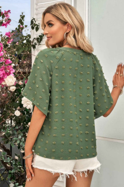 Solid Swiss Dot V Neck Puff Sleeve Blouse