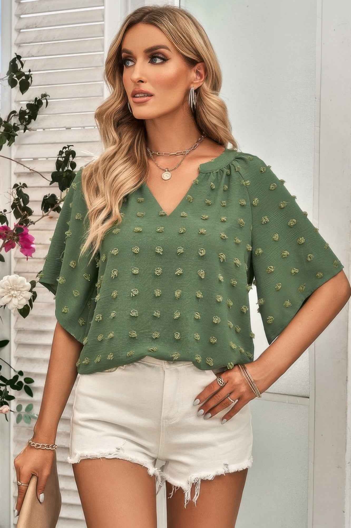 Solid Swiss Dot V Neck Puff Sleeve Blouse