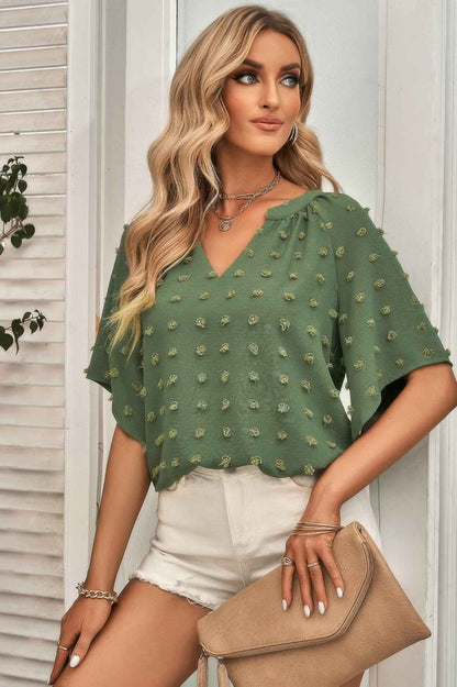 Solid Swiss Dot V Neck Puff Sleeve Blouse
