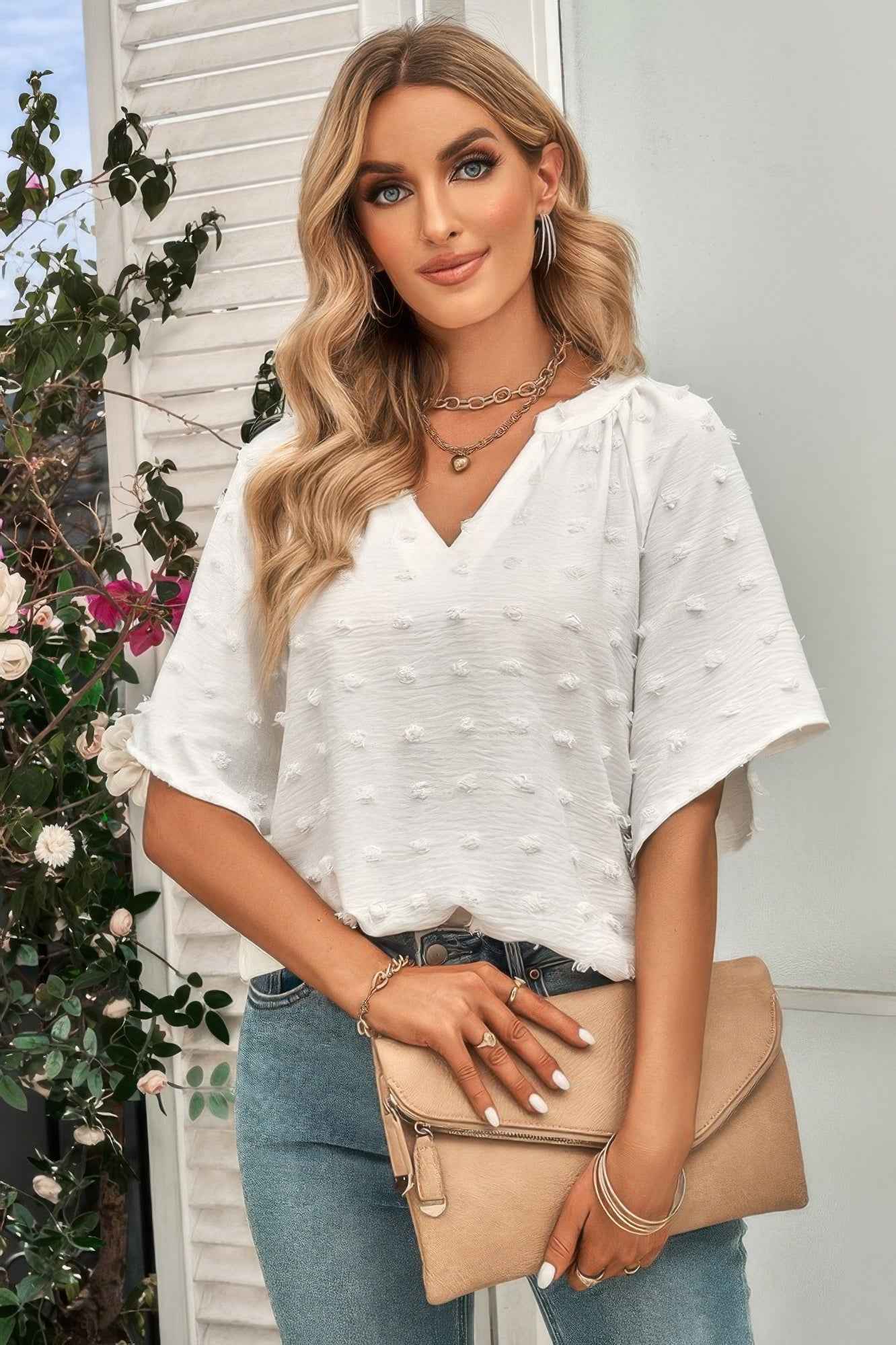 Solid Swiss Dot V Neck Puff Sleeve Blouse