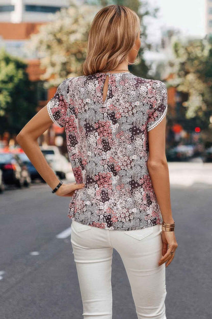 Floral Round Neck Lace Trimmed Fit Blouse