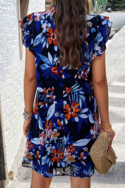 Floral Print Elegant Sleeveless Ruffle A Line Dress