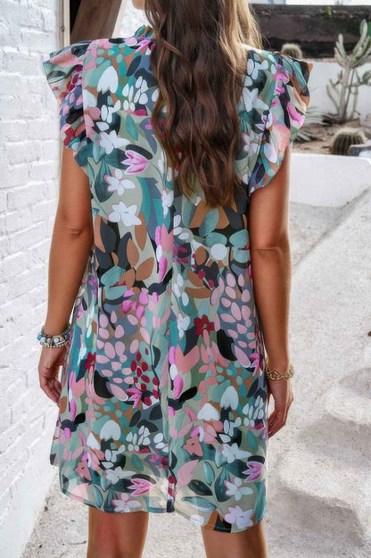 Floral Print Elegant Sleeveless Ruffle A Line Dress