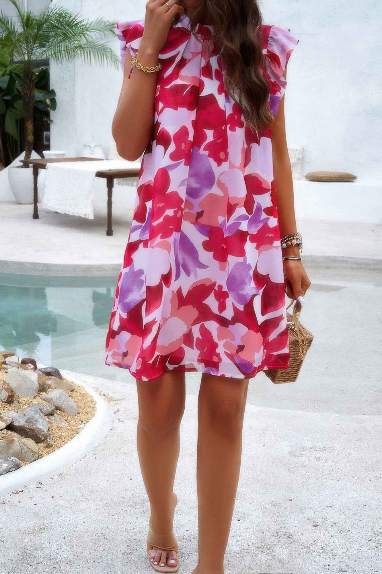 Floral Print Elegant Sleeveless Ruffle A Line Dress