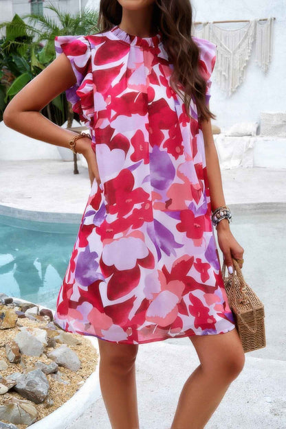 Floral Print Elegant Sleeveless Ruffle A Line Dress
