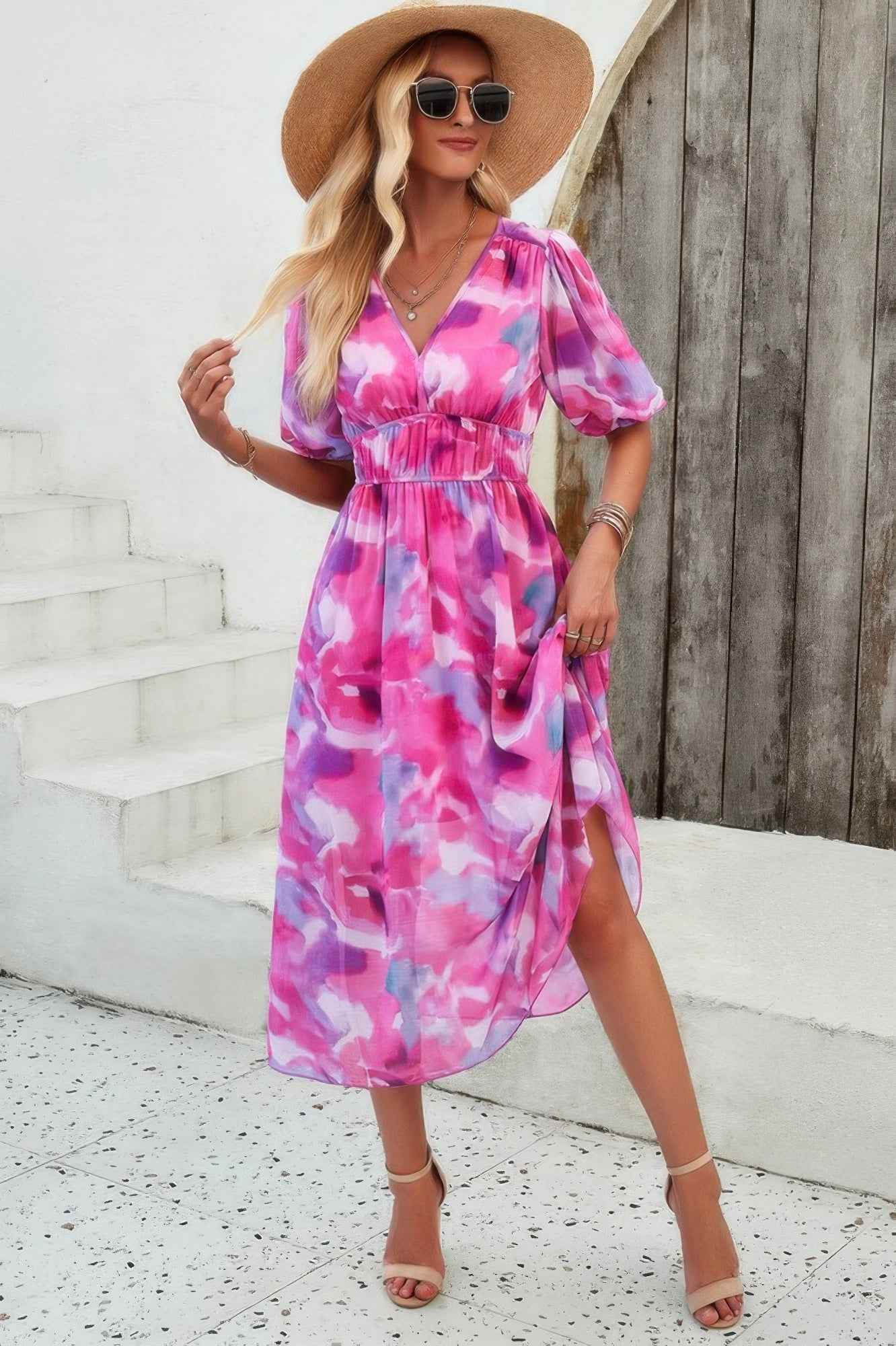Floral V Neck Puffed Sleeve High Waist Dress