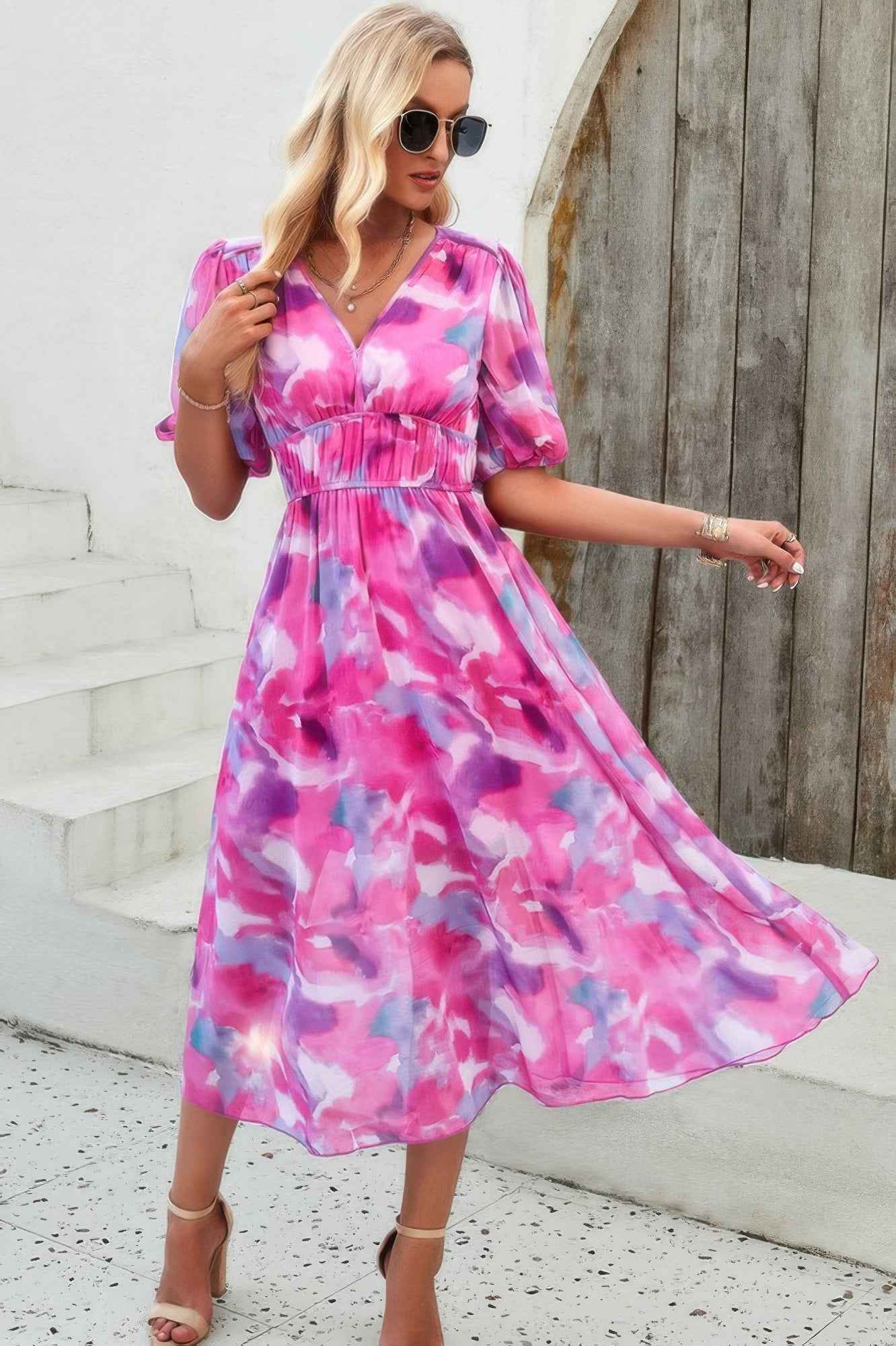 Floral V Neck Puffed Sleeve High Waist Dress