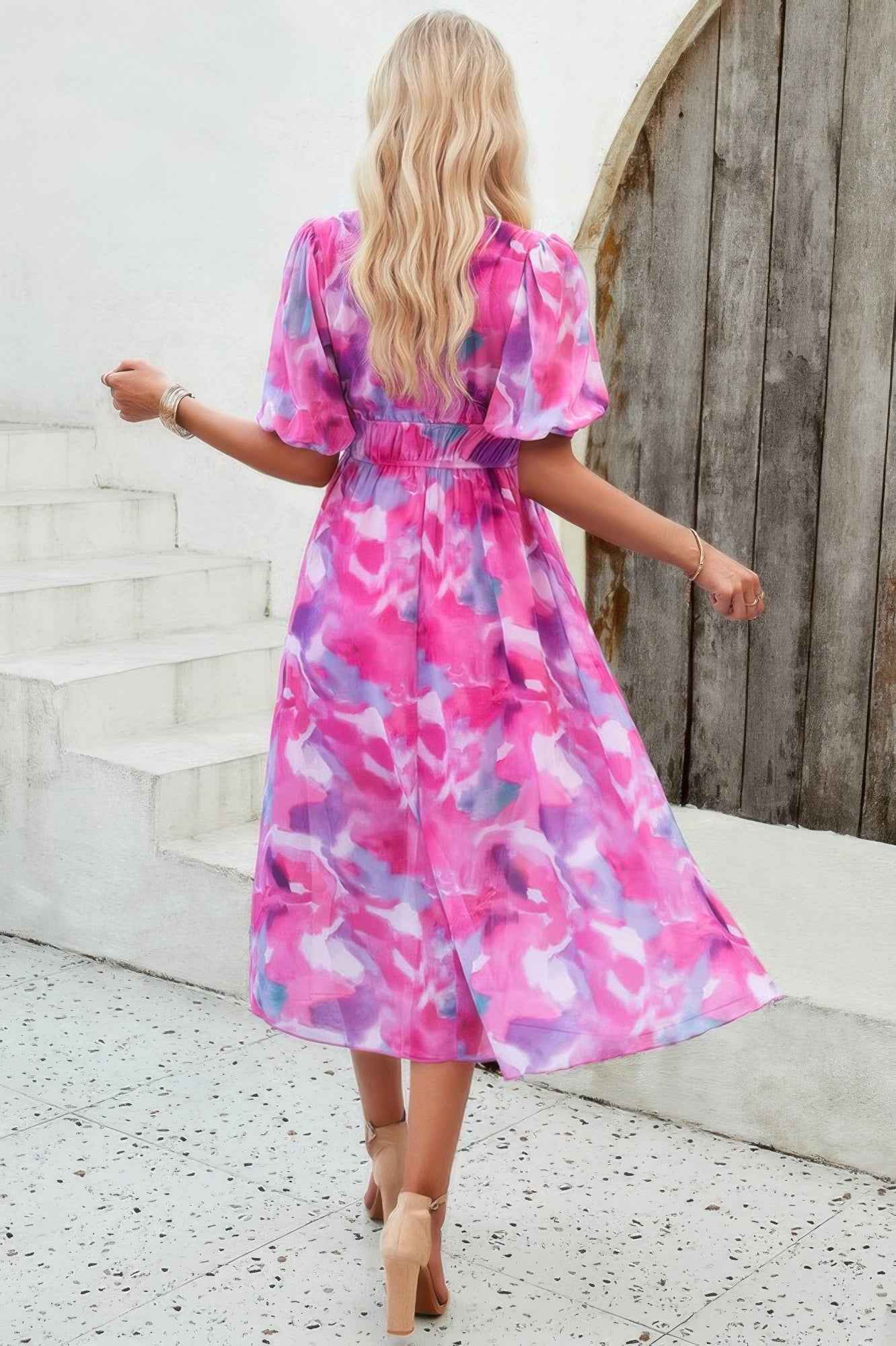 Floral V Neck Puffed Sleeve High Waist Dress