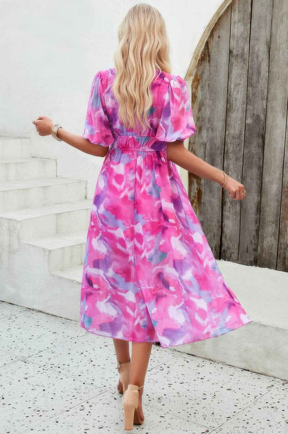 Floral V Neck Puffed Sleeve High Waist Dress