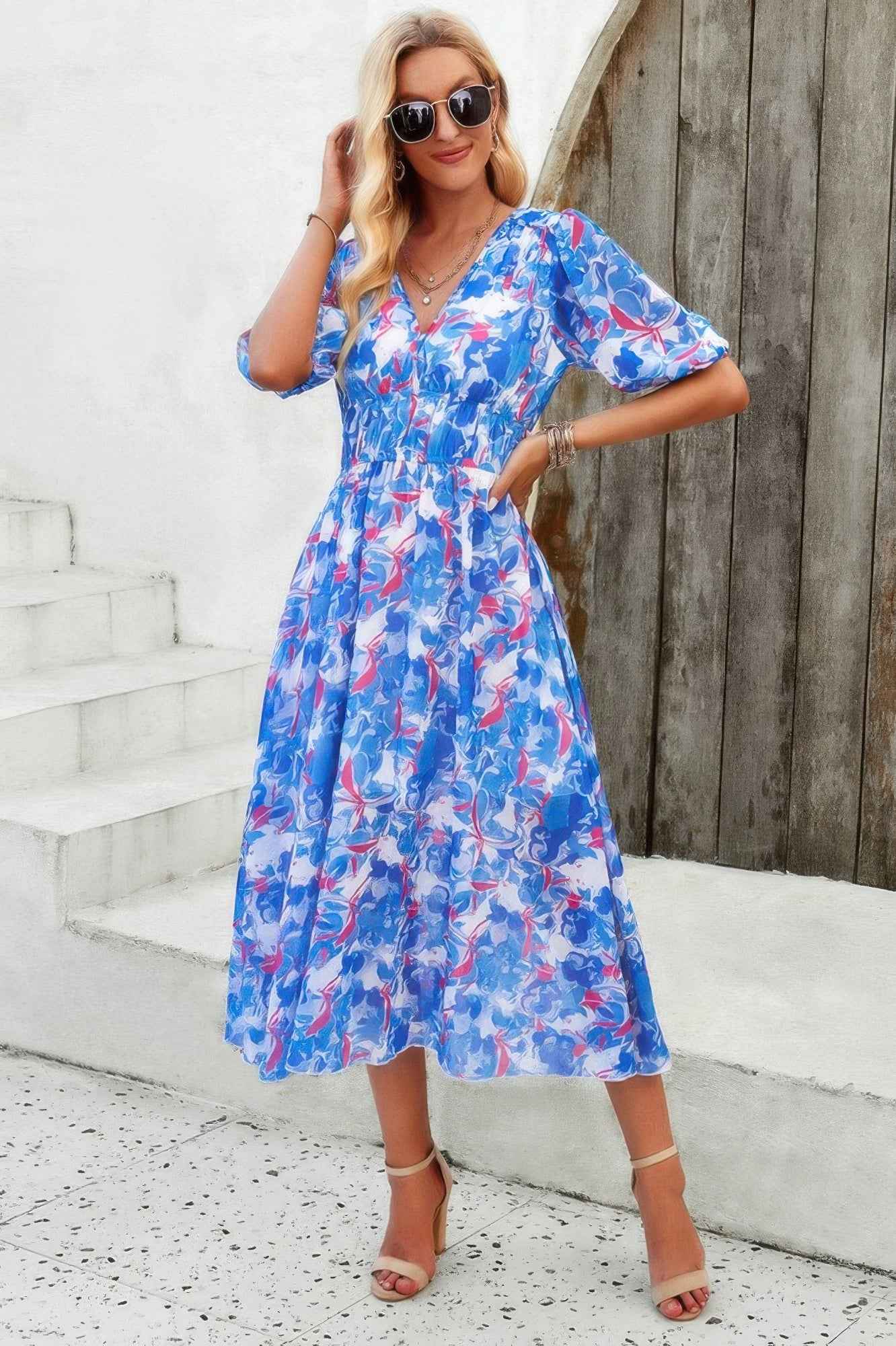 Floral V Neck Puffed Sleeve High Waist Dress